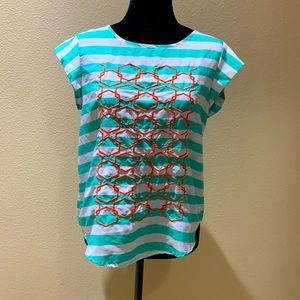 White and blue stripped top with orange hexagons 🍊